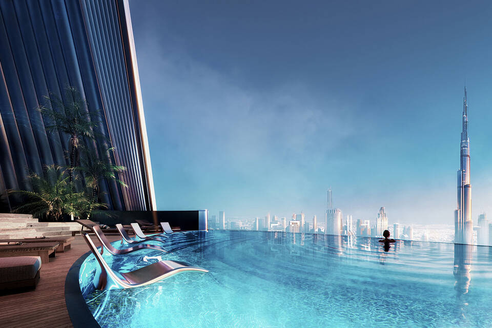 Residences with pool balconies and views of Burj Khalifa